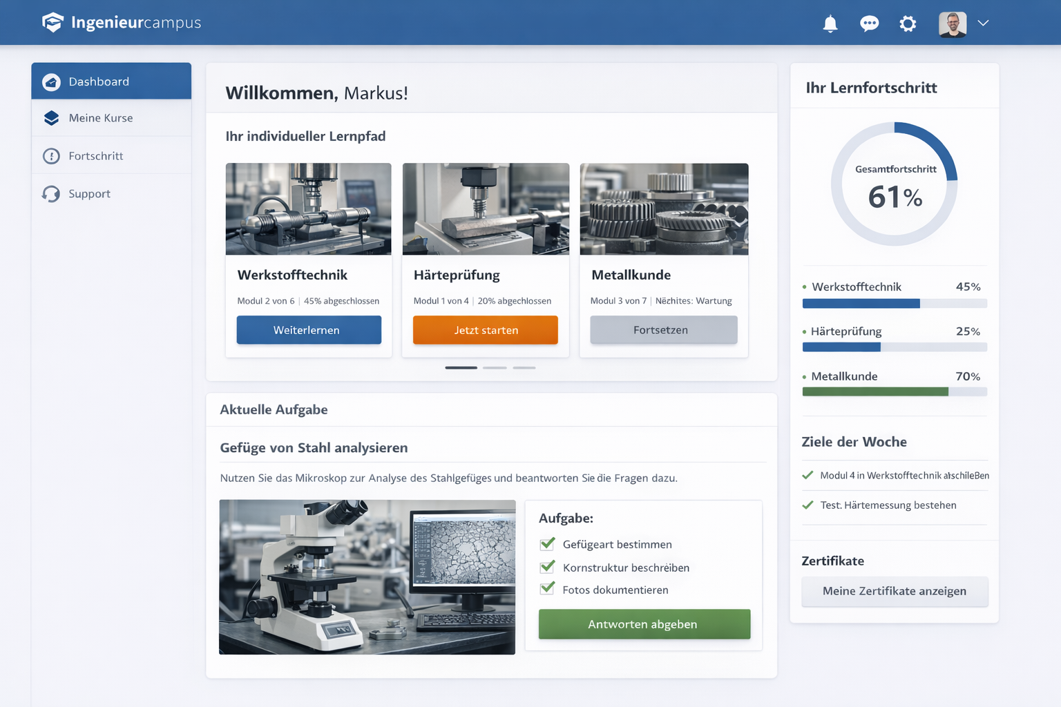 ingenieurcampus Plattform — Werkstofftechnik Lernpfad mit Dashboard, Aufgaben und Fortschritt